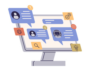 Computer screen with user and AI chatbot messages, surrounded by icons of settings, search, networking, and idea concepts. Ideal for technology, communication, customer service, AI interaction