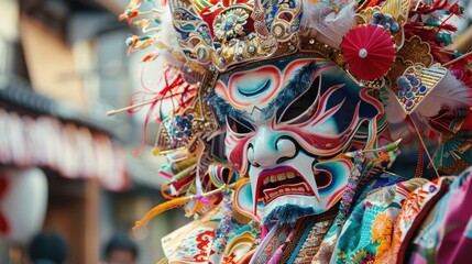 Fototapeta premium Enchanting Japanese Festival Performer in Intricate Costume and Mask Detail