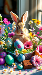 Cute bunny surrounded by colorful eggs and flowers during springtime festivities