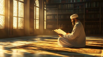 3. A serene Islamic scholar reading the Quran in a sunlit library