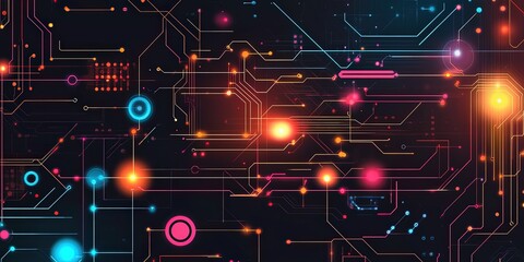 Obraz premium Vibrant futuristic circuitry with neon lights in a digital network concept.