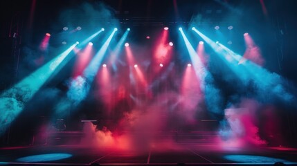A stage with colorful lights, smoke and dark background