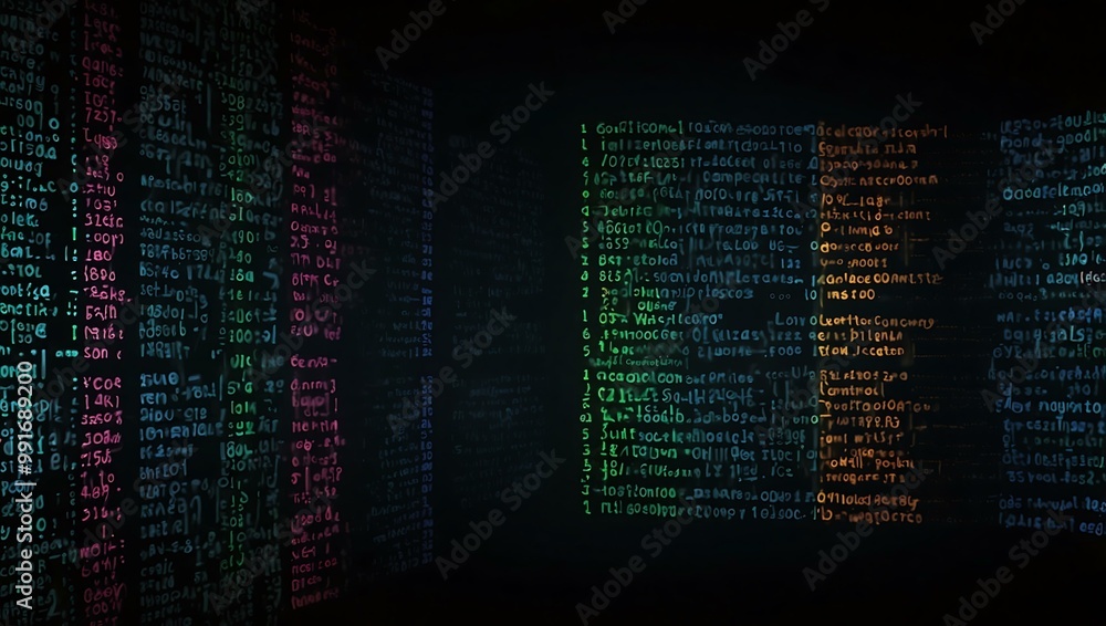 Poster glowing neon sql code on a black screen.