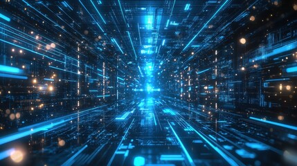 Intersecting blue light beams in a holographic digital landscape, creating a sleek modern tech-inspired atmosphere.