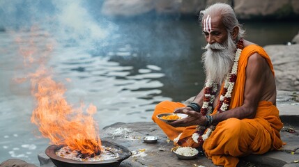 4. A traditional Hindu priest performing a ritual by a river