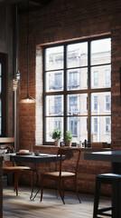Fototapeta premium Stylish Urban Loft with Exposed Brick Walls, Large Windows, Open-Plan Kitchen, Home Office, and Artistic Decor for Creative Professionals and Young Couples