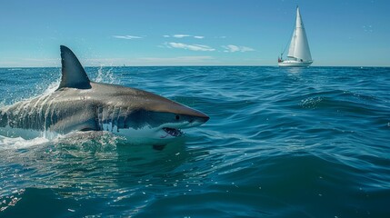 Fototapeta premium A majestic shark swims near a sailboat, its powerful silhouette under the deep blue sea creating a breathtaking scene.