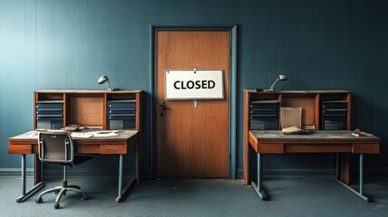 Closed office interior with two empty desks and a door marked with a closed sign.