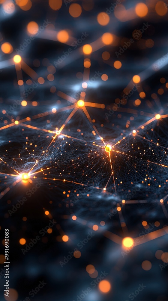 Poster futuristic network connections with glowing nodes and lines in a dark background.