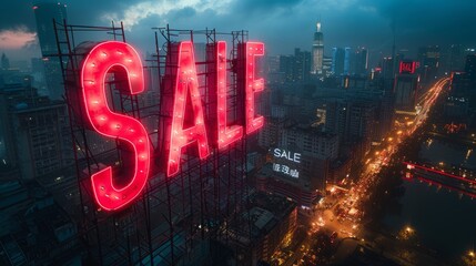 An incandescent 'sale' sign glows against the raw urban setting, inviting city-dwellers to seize considerable savings.