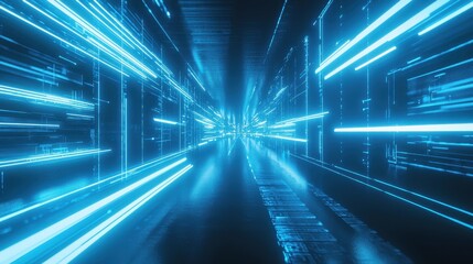 Intersecting blue light beams in a holographic digital landscape, creating a sleek modern tech-inspired atmosphere.