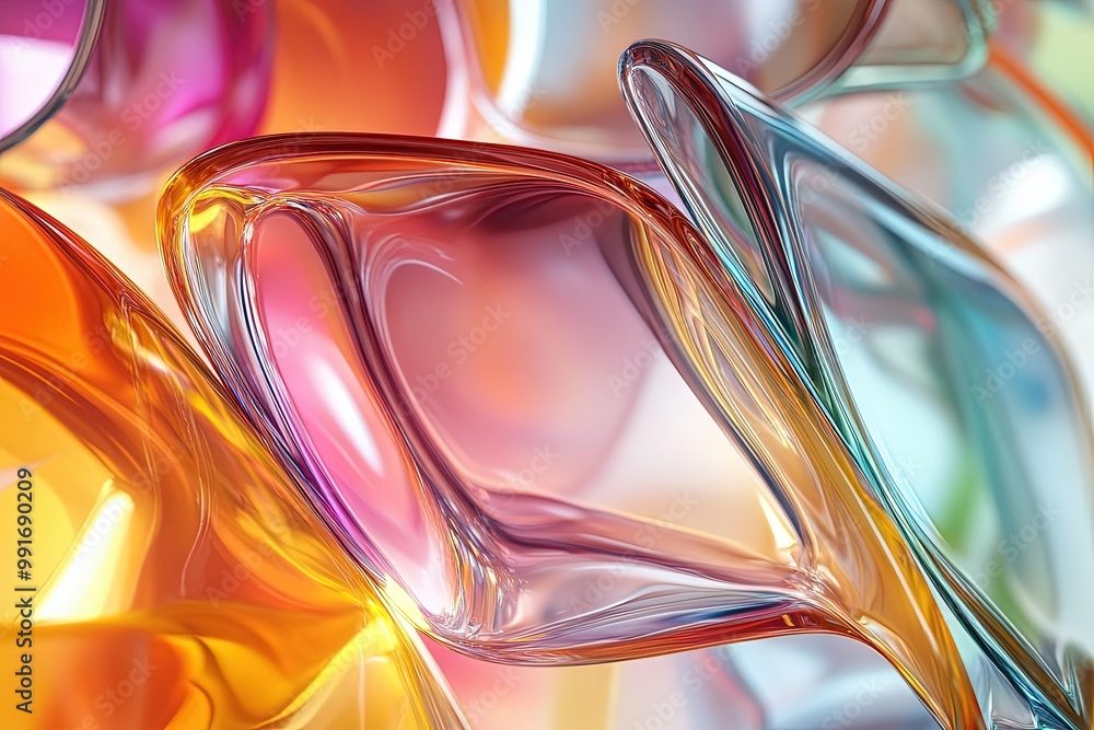 Wall mural Vibrant abstract glass shapes with colorful fluid curves and reflections.