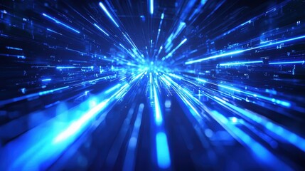 Obraz premium Intersecting blue light beams on a holographic backdrop, representing the intersection of modern technology and futuristic concepts.
