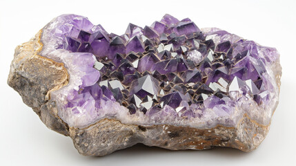 Fototapeta premium Crystal Stone macro mineral, purple rough amethyst quartz crystals on white background
