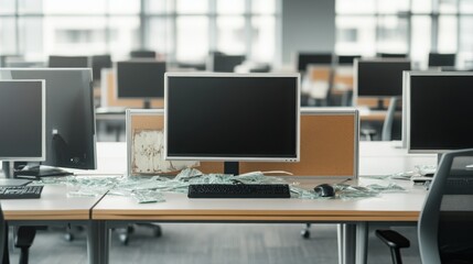 Modern empty office space with rows of computer desks and windows in the background