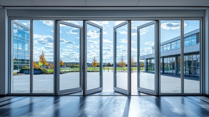 Modern office entrance with open glass doors overlooking outdoor landscape