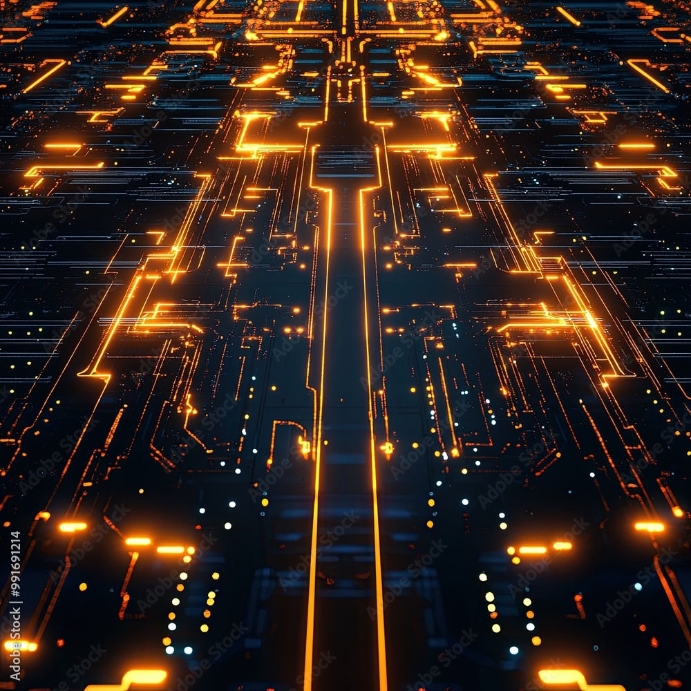 Poster futuristic circuit board with glowing orange pathways in a digital grid.