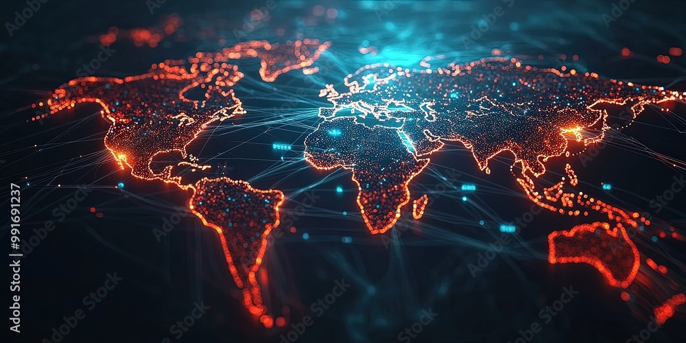 Poster futuristic digital world map: glowing connections and global network visualization.