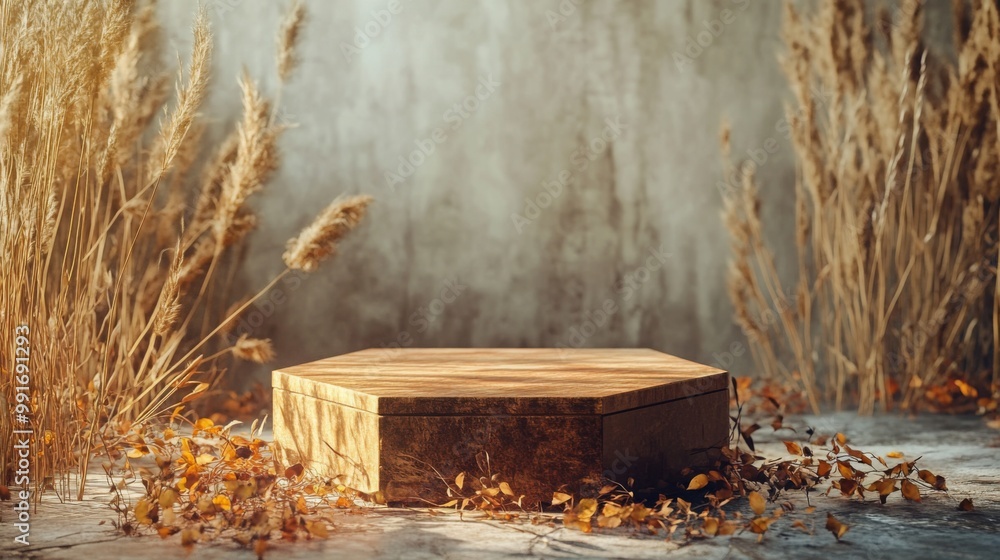 Poster a wooden hexagonal platform sits on a stone floor, surrounded by tall dried grass and fallen autumn 