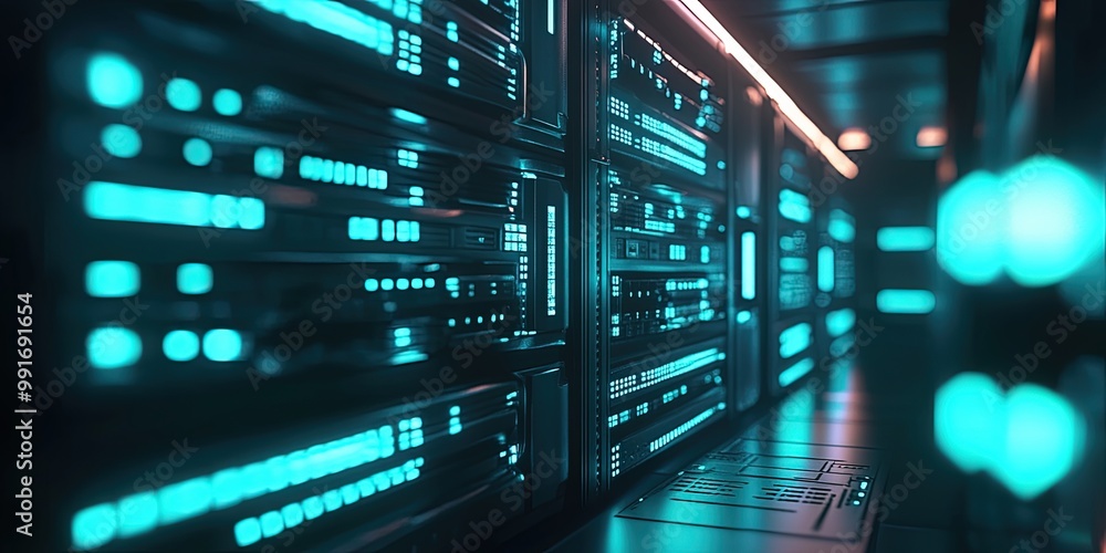 Aufkleber futuristic data center with glowing servers in a high-tech environment.