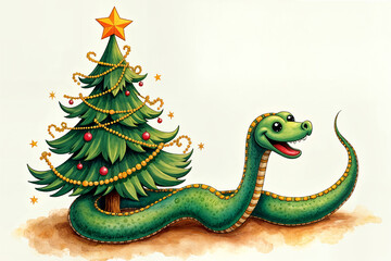 Naklejka premium Cartoon depiction of a green snake with a Christmas tree on its back, adorned with ornaments and a star on top.