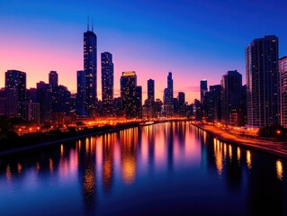 Naklejka premium Stunning city skyline at dusk, showcasing vibrant colors reflecting on the calm river, perfect for urban landscapes.