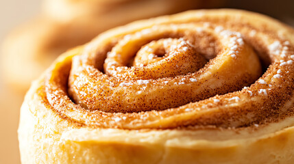 Fototapeta premium Design a close-up image of a freshly baked cinnamon roll, showcasing its soft spiral layers and sprinkled cinnamon, evoking warmth and comfort