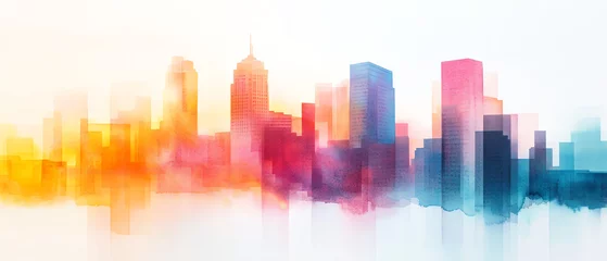 Capture a majestic skyscraper at sunset in a watercolor long shot painting Reflect vibrant hues of orange and gold against the silhouette of the building