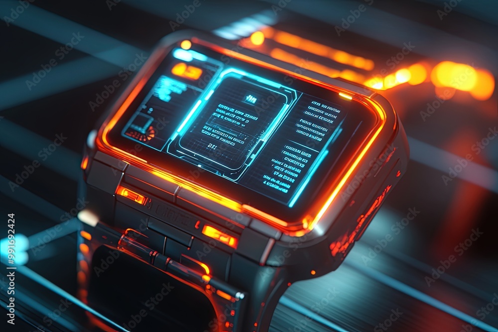 Poster futuristic smartwatch with neon glow display in dark tech environment.