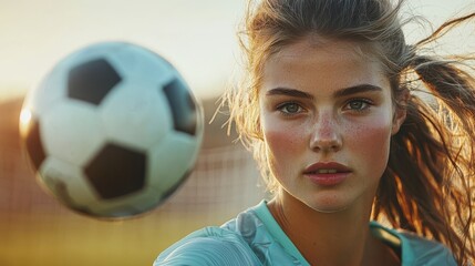 Close-up of a determined female soccer player kicking a ball with intensity on a sunny field