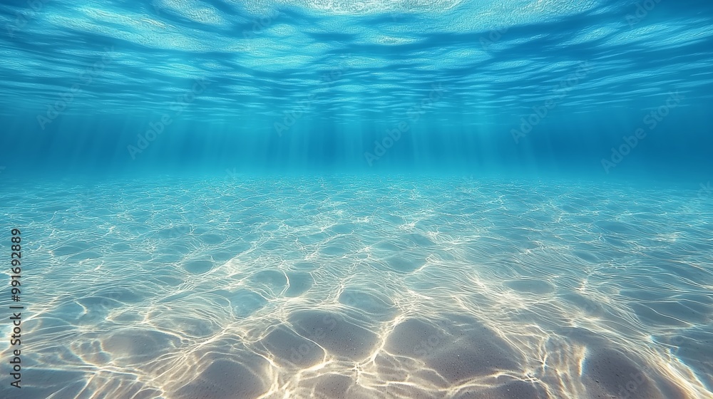 Poster clear blue ocean water with sunlight filtering through waves, creating patterns on the sandy seabed 
