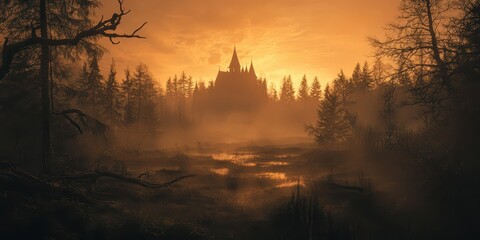 Naklejka premium Mystical castle silhouette at sunset with misty forest. Enchanting landscape perfect for fantasy or dramatic themes.