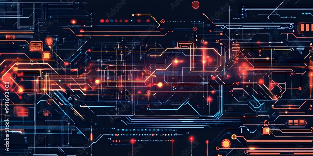 Poster futuristic circuit board design with neon lights and digital patterns.