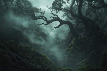 Mystical foggy forest with twisted trees and dense mist creating a magical and eerie atmosphere, ideal for fantasy and horror themes.