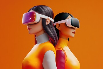 Naklejka premium Futuristic Dual Portrait of Women Wearing VR Glasses in Bright Orange Setting for Technology Concept