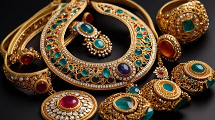 Obraz premium Traditional Indian jewelry, intricate details, gold and silver, gemstones, perfect for Traditional Indian jewelry