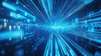 Obraz premium Radiant blue beams of holographic light slicing through a tech-driven digital grid, creating a futuristic technology atmosphere.