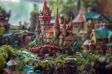 Naklejka premium A dragon is on top of a castle in a fantasy world