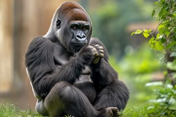 Fototapeta premium A gorilla sitting in the jungle, its powerful arms resting on its knees as it gazes thoughtfully into the distance