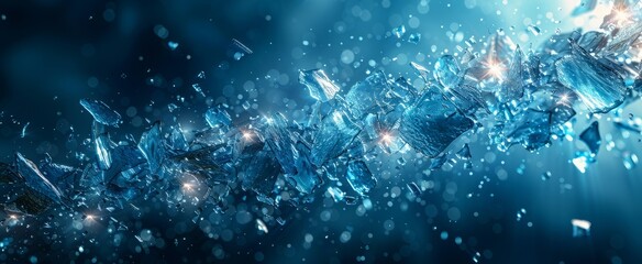 Shards of ice scatter and glimmer under blue lighting, creating a captivating display of light and texture in a dim setting