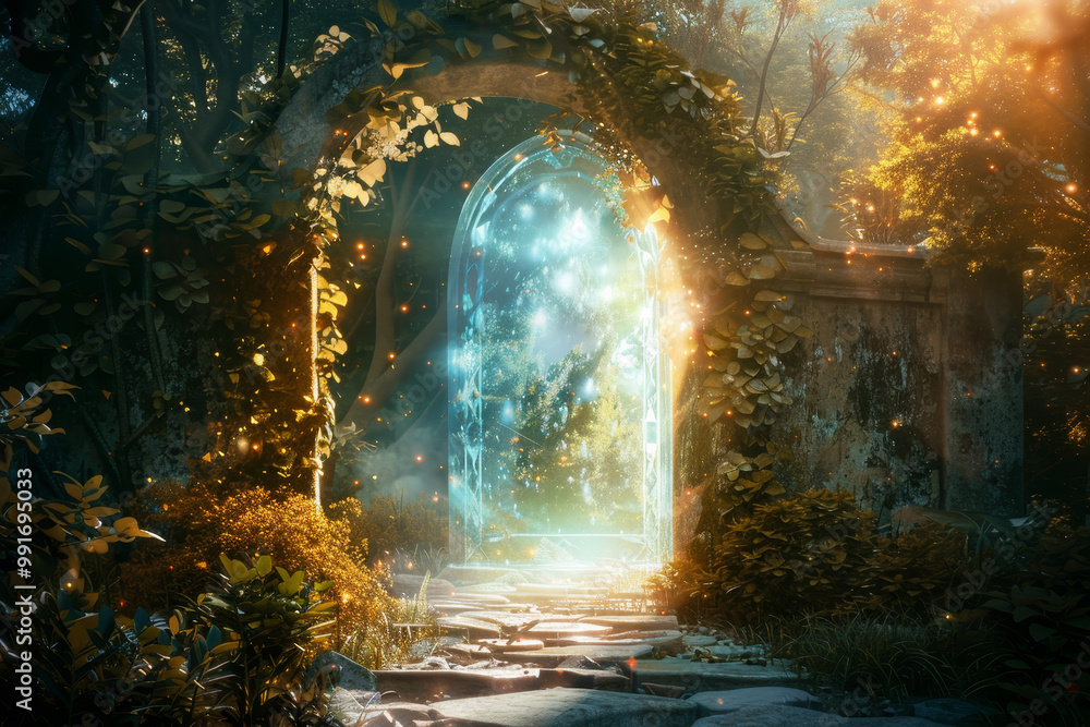 Poster a large archway with a glowing light shining through it