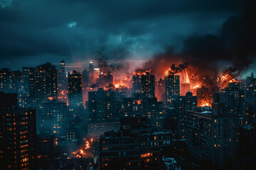 Fototapeta premium A city is on fire with smoke billowing into the sky