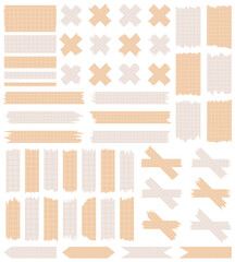 Set of paper sheets isolated on white. Pieces of decorative tape for scrapbooks. Washi tapes collection in vector. Ripped paper. Torn pieces of paper from a notebook in a cell. Colorful ribbons