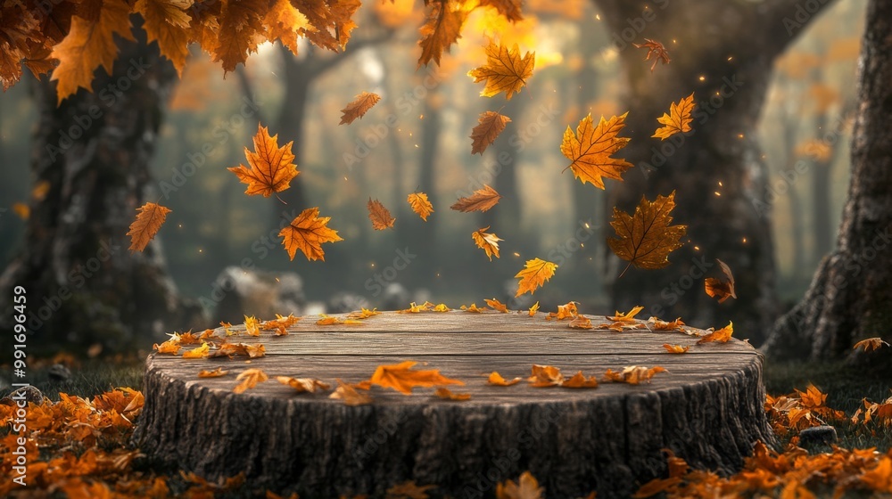 Poster golden-orange leaves gently swirl around a rustic wooden stump, creating a picturesque autumn scene 