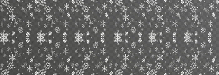 Christmas snowflakes on a transparent background. Snow flakes, snow background. Heavy snowfall, snowflakes in different shapes and forms.