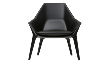 Modern black leather armchair featuring an angular design and sleek lines. A stylish and comfortable seating option for contemporary interiors. Isolated on transparent background, png.