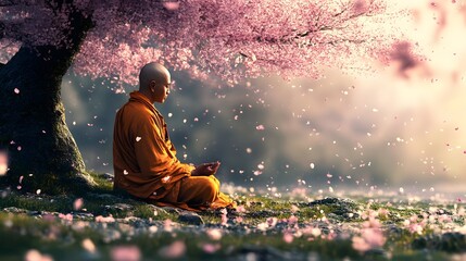 1. A wise Buddhist monk meditating under a cherry blossom tree