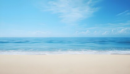Fototapeta premium Sandy Beach Stretching Toward the Horizon Under Bright Blue Sky