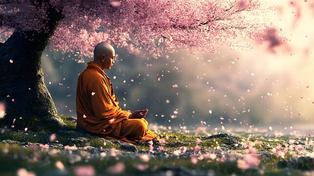 1. A wise Buddhist monk meditating under a cherry blossom tree - Powered by Adobe