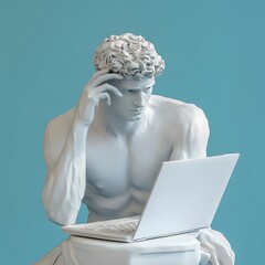 man with laptop on arms in ancient rome statue style